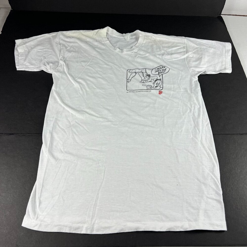 VTG 80s Mick Jagger She's The Boss Shirt Small White Dingy Single Stitch Tee